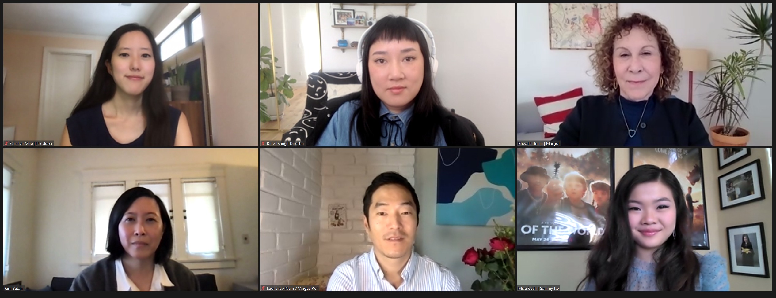 A screengrab of (L-R) producer Carolyn Mao, director Kate Tsang, Rhea Perlman, moderator Kim Yutani, Leonardo Nam, and Miya Cech at the "Marvelous And The Black Hole" Virtual Premiere on January 31, 2021 | Source: Getty Images